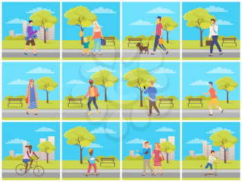 People walking in city park, man and woman going outdoor, family leisure and sporty activity, male and female character walk near trees and building, summer park set vector