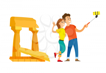Traveling people vector, man and woman taking selfie. Couple with smartphone, relaxation on tourist attraction, pillars and ancient building architecture