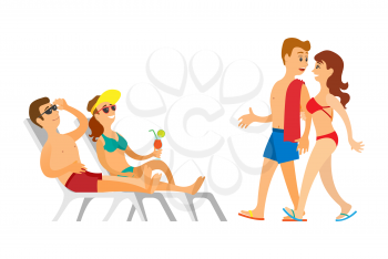 Portrait view of sunbathing people on chaise lounge, couple going together, man and woman wearing swimsuit and sunglasses, leisure or vacation vector