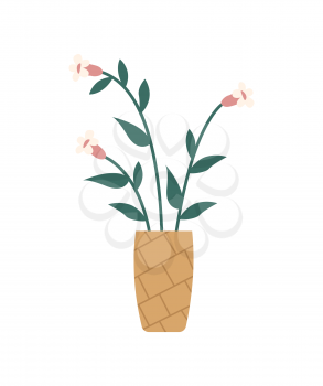 Flowers in vase isolated blossoms. Vector plants growing in pot, pink buds and green leaves home decoration element. Spring flora, botanical growings