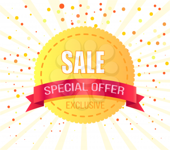 Exclusive sale special offer round golden label with red ribbon on background of confetti dots. Vector circle tag with price off info, advertisement offer