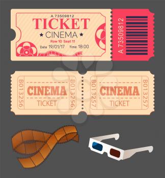 Tickets allowing to see play in theatre vector, admission to cinema hall for watching movies, 3d glasses for special effects and shots in reel isolated set
