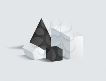 Black cone and cube, cuboid and pentagrammic prism vector illustration, isometric 3d figures exposition varied forms prisms geometric shapes set