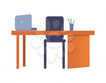 Empty workplace with table, plastic chair, laptop and stationery pens and pencils on desktop vector illustration isolated on white background, flat style