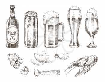 Beer set and various snack vector illustration isolated on white pencil image of bottles and glasses with fluffy foam, chips and pretzel with crayfish