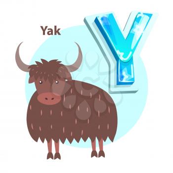 Letter Y is for yak cartoon alphabet for children. Volume symbol with star pattern and bull with long shaggy wool, vector icon, badge for kid book