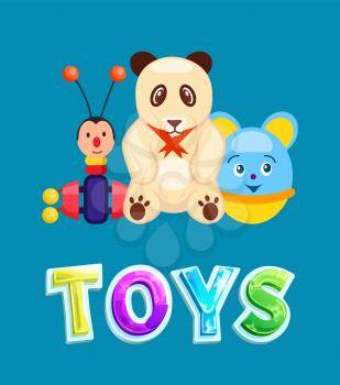 Toys poster with items set. Plush panda with red ribbon on neck and butterfly wing wings on wheels. Playground objects for kids isolated  vector