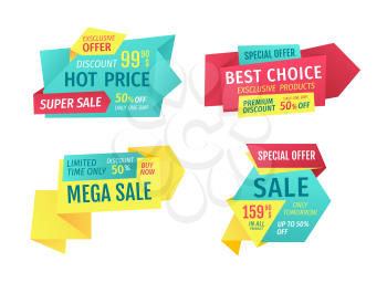 Hot price, best choice, mega super sale promotion and advert banners. Special exclusive offer only one day premium discount and buy now catchphrases.