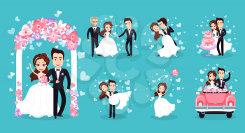 Wedding couple isolated, vector joyful newlywed man in suit and woman in white gown, ceremony act, riding on car, kissing, throwing bouquet and dancing