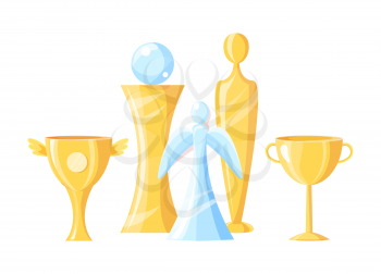 Victory trophy and winner cup color vector illustration success poster. Gold and glass, big and tiny sized award variety isolated on white background.