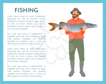 Fishing fisherman with fish in hands vector illustration. Standing beardman holding just caught big trout, fisher in sportswear and hat, sport theme