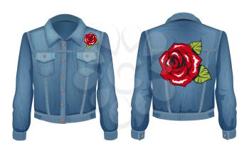 Jeans jacket with roses patch. Blooming red flower on denim shirt with long sleeves. Women fashionable clothing with plants in bloom vector illustration
