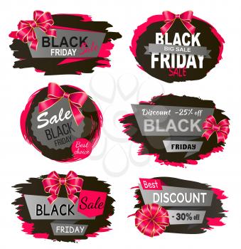 Black Friday and big sale tag decorated by ribbon. Best choice and promotion symbol set on white. Limited advertising decorated by ribbon on black color. Creative shopping flyer with discount vector