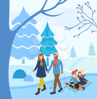 Man and woman holding hands pulling sleigh with children. Couple with kids on vacation. Family spending weekends together. Wife and husband in frosty forest with pine trees and snowy hills, vector