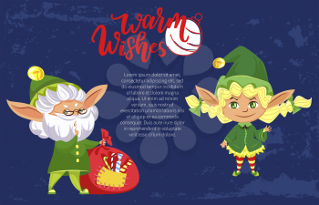 Christmas holiday banner, elves or Santa helpers, old dwarf and girl. Warm wishes, Xmas greeting and old elf with gifts sack. Little dwarfs, winter holidays, magic creatures vector illustration