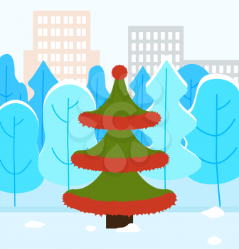 Fir-tree decorated by garland in center of winter park in city. Christmas tree with snowy forest and cityscape view. Pine wood on snowy land near high buildings and trees symbols in blue color vector