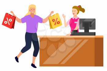 Happy client running to counter to pay for items. Isolated people at shop. Personage with bags and products on discount. Lady buying clothes at boutique. Special offer at market. Flat style vector