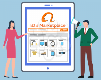 B2B Marketplace, tablet computer with online store website. Catalogue with clothes and household appliances. Woman and man with speaker. Internet shopping, e-commerce, logistics worldwide illustration