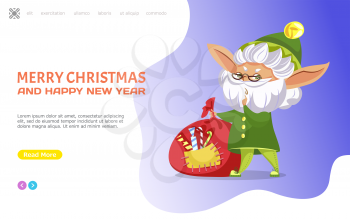 Merry Christmas and happy new year, old elf with white beard hold bag filled with sweets and candies. Winter holidays celebration with dwarf. Website or webpage template landing page flat style vector