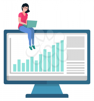 Woman working on laptop vector, monitor showing results and infocharts. Success in business project, lady with gadget typing info and analysing research
