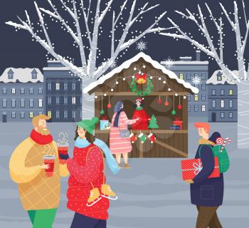 Christmas fair in city, people preparing for xmas. Couple stand together and drink coffee outdoor in cold weather. Traditional holiday garlands on tree. Vector illustration in flat of holiday market