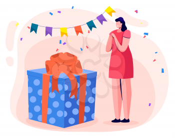 Impressed woman wearing dress standing near big present with pattern. Female celebration with gift box with ribbon and bow. Holiday card in pink color, lady with traditional greeting symbol vector