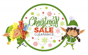 Christmas sale and clearance, designed caption. Two elves preparing presents for kids. Fairy character with lot of boxes with gifts in hands, santa claus assistants. Vector illustration in flat style
