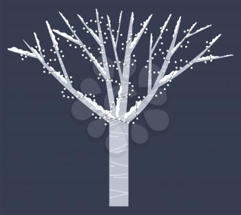 Snowy tree without foliage in forest or wood. Winter holiday decor on oak like garlands with light lamps. Branches covered by snow. Isolated plant on grey background. Vector illustration in flat style