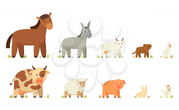 Horse and cow, donkey and sheep, goat and pig, dog and rabbit, goose and hen. Large and small farm and domestic animal vector cartoon illustration.
