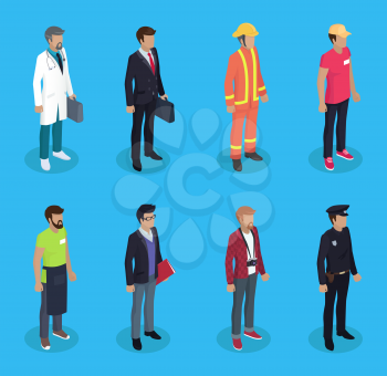 Police officer and medical worker doctor doc. Firefighter and delivery man waiter servant and businessman manager. Journalist paparazzi set vector
