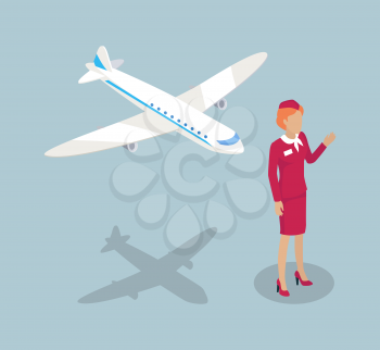 Fly attendant stewardess and flying plane set of 3d isometric icons. Air hostess gesturing waving hand welcoming people on board isolated on vector