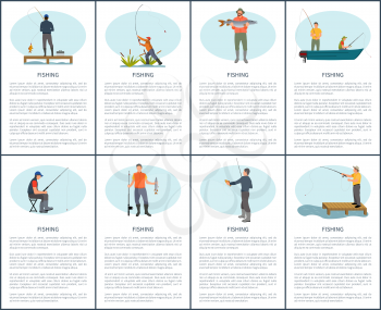 Fishing flyer or brochure set with vector sitting and standing characters in different angle isolated. Fisherman in boat with tackle gear and fish.