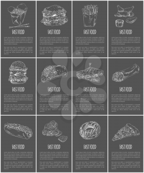 Fast food posters set meal monochrome sketches outline. Hamburger and pizza slice hot dog burrito and dessert donut. Sandwich fried chicken set vector