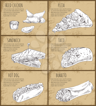 Fried chicken pizza posters set. Monochrome sketches outline of takeaway meal sandwich and taco hot dog and burrito takeaway traditional dishes vector