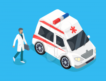 Medical worker run to ambulance car or lorry vector isometric icon. Ambulanceman or paramedic in white coat with first aid kit for emergency poster.