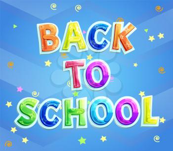 Back to school greeting phrase for school children. Vector poster with cartoon lettering, twirl and stars ticker tape decor for knowledge day 1st September