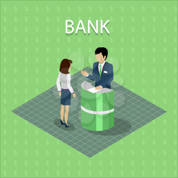 Isometric interior of the bank with people. Bank interior with consulting in flat. Finance and money, banker and bank interior, business people, commercial and lobby, worker and reception illustration