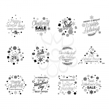 Winter holidays discount concepts big set with snowflakes, hearts, gifts  in monochrome color with elegant lettering on white. Christmas,  New Year and Valentines sales logos with gilded elements