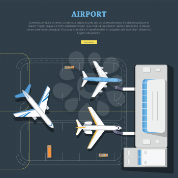 Vector informative picture about airport structure and location planes. Main building, runway, lorry with luggage, bus with passengers on illustration. For aviation websites, airport scheme.