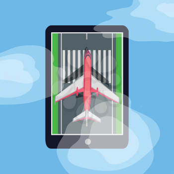 Aircraft on runway in smartphone. Making order on tickets via internet. E-commerce concept. Marking road, clouds, grass, takeoff, landing plane. Vector illustration. For aviation advertisement banner