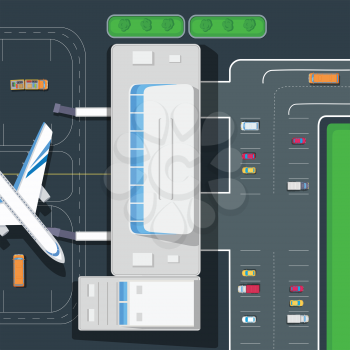 Airplane, airport, automobiles, parking, runway on vector illustration. Passengers wait planting time at plane platform. Emplanement, luggage, car space. For scheme in airport, banner on websites