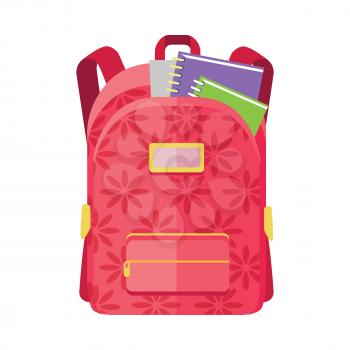 Rred backpack schoolbag icon in flat style. Hiking backpack. Kids backpack with notebook and ruler, education and study school, rucksack, urban backpack vector illustration on white background