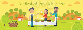 Festival of olives in Spain concept. Smiling woman with bottle of oil and mans in apron standing near the table with baskets of olives, village garden landscape in background vector. For web design