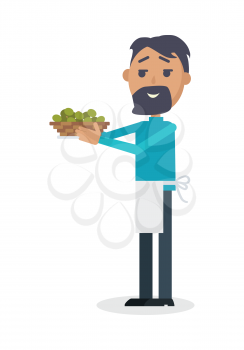 Man with olives isolated on white. Seller propose fresh olives at Spain festival. Flat style design. Best price. Man with beard in white apron sale green olives. Holiday event. Vector illustration