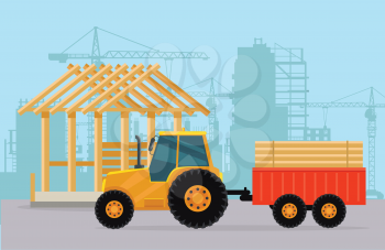 Tractor and trailer with wood materials for house building. Cranes, concrete blocks, high-rise buildings, structural works on background flat page design. Vector illustration for construction company.