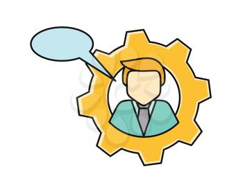 Young man private icon with dialog window. Young blond man in blue shirt and tie. Avatar in gear. Social networks business private users avatar pictogram. Round line icon. Isolated vector illustration