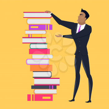 Getting on top of knowledge vector concept. Flat design. Man character in business suit standing near huge pile of books. Self-education and literature reading concept. Isolated on yellow background. 