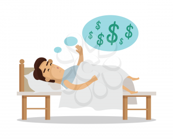 Young man in bed sleeping and dreaming about money. Good earnings profit concept. Businessman dreaming about money. Big dream. Vector illustration in flat design.