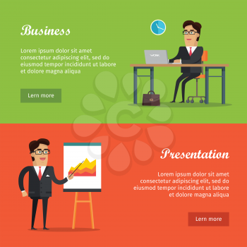 Business and presentation vector web banners. Businessman working on laptop at the table, showing pointer on flip chan with graphs. Flat illustrations for company web page On red and green backgrounds