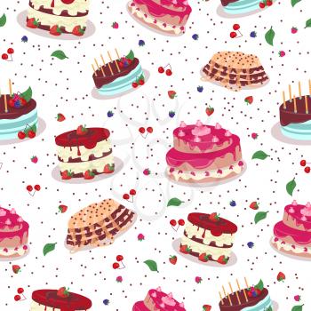 Tasty celebratory cakes seamless pattern. Decorated with colored frosting, fruits, chocolate, cream cakes flat vector illustrations on white background. For greeting card, wrapping paper